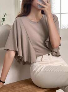 DAZY قميص تي شيرت نسائي بأكمام قصيرة مزين بالكشكشة والرقعات، ملابس أنيقة للمكتب، مناسبة للتنقل والحفلات والزفاف - كاكي - مشاهدة 12