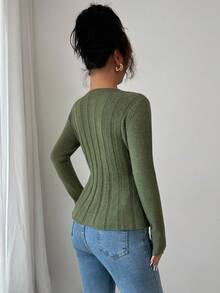 Elenzga 秋冬麻花绳橄榄绿长袖优雅套头衫 - 軍綠色 - 查看 2