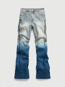 ROMWE MEN Street Life Men's Gradient Color Zipper Pocket Flared Jeans - Blue - View 1