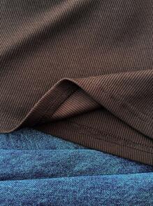 少女棕色和杏色休闲个性化撞色领罗纹针织纽扣紧身连衣裙，夏季连衣裙，蝴蝶刺绣棕色连衣裙少女连衣裙罗纹连衣裙 Polo 衫 - 棕色 - 查看 6