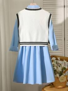 Set de vestido camisa informal y chaleco de punto para niñas, 2 piezas - Blanco - Ver 2