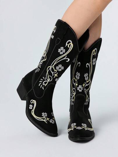 Women's Gothic Punk Floral Embroidery V-Cut Western Chunky Heel Knee-High Boots, Halloween
