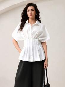 BizChic Women's Elegant White Waist-Cinched Batwing Sleeve Blouse, Suitable For Daily, Work, Dates, Commuting And Vacation, Spring/Summer - White - View 9
