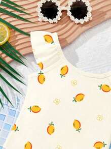 女婴奶油色休闲修身水果花卉图案连体泳衣，适合夏季 - 彩色 - 查看 3