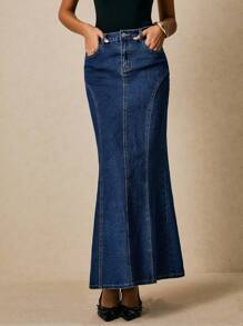 Poéselle 女式蓝色时尚拼接牛仔美人鱼裙女式牛仔裙牛仔长裙 - 深色水洗藍 - 查看 4