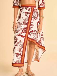 CAJUNI Women's White Summer Boho Vacation Holiday Red-Brown & Orange Shell & Snail Ocean Print Straight Skirt,Asymmetrical Hem,Beach Date Party Beachwear - Multicolor - View 5