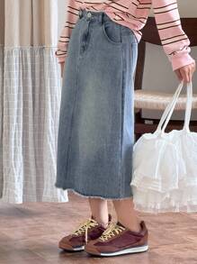 Dazy Kids 青少年女孩时尚休闲夏季宽松牛仔裙 - 藍色 - 查看 7