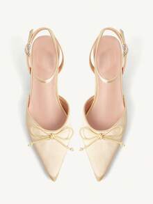 CUCCOO CHICEST 女士尖头缎带蝴蝶结细高跟中跟鞋，舒适浪漫优雅甜美浅粉色正装鞋，适合约会、下午茶、办公室、花园派对 - 香檳色 - 查看 10