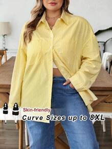 SHEIN CURVE+ Plus Size Women's Striped Printed Simple Daily Long Sleeved Shirt, Long Sleeved Top,Teacher Shirtsfall Clothes For Women,Winter,CURVE PLUS