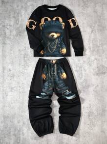 2pcs/Set Tween Boy's Casual Bear Graphic Sweatshirt And Sweatpants Set, Suitable For Leisure And Sports Wear Fall Winter - Black - View 9