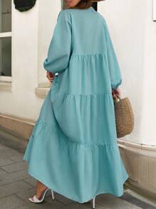 Vestido casual de manga larga con cuello calado y dobladillo con volantes de unicolor - verde menta - Ver 2