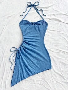 Soleia Đầm midi ôm sát cổ yếm gợi cảm viền chéo cho nữ - Màu xanh lam - Xem 2