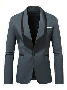 Manfinity Mode Men's Contrast Color Shawl Collar Long Sleeve Casual Blazer, For Wedding - Dark Grey - View 3