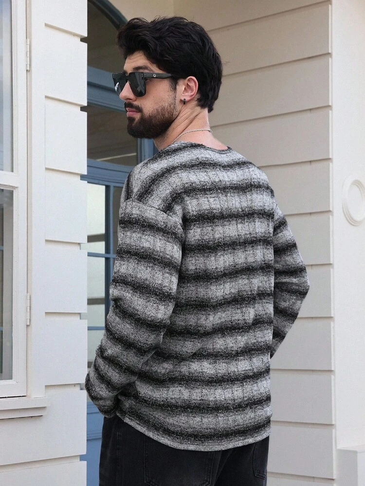 Men's Striped Textured Fabric T-Shirt, Spring/Autumn