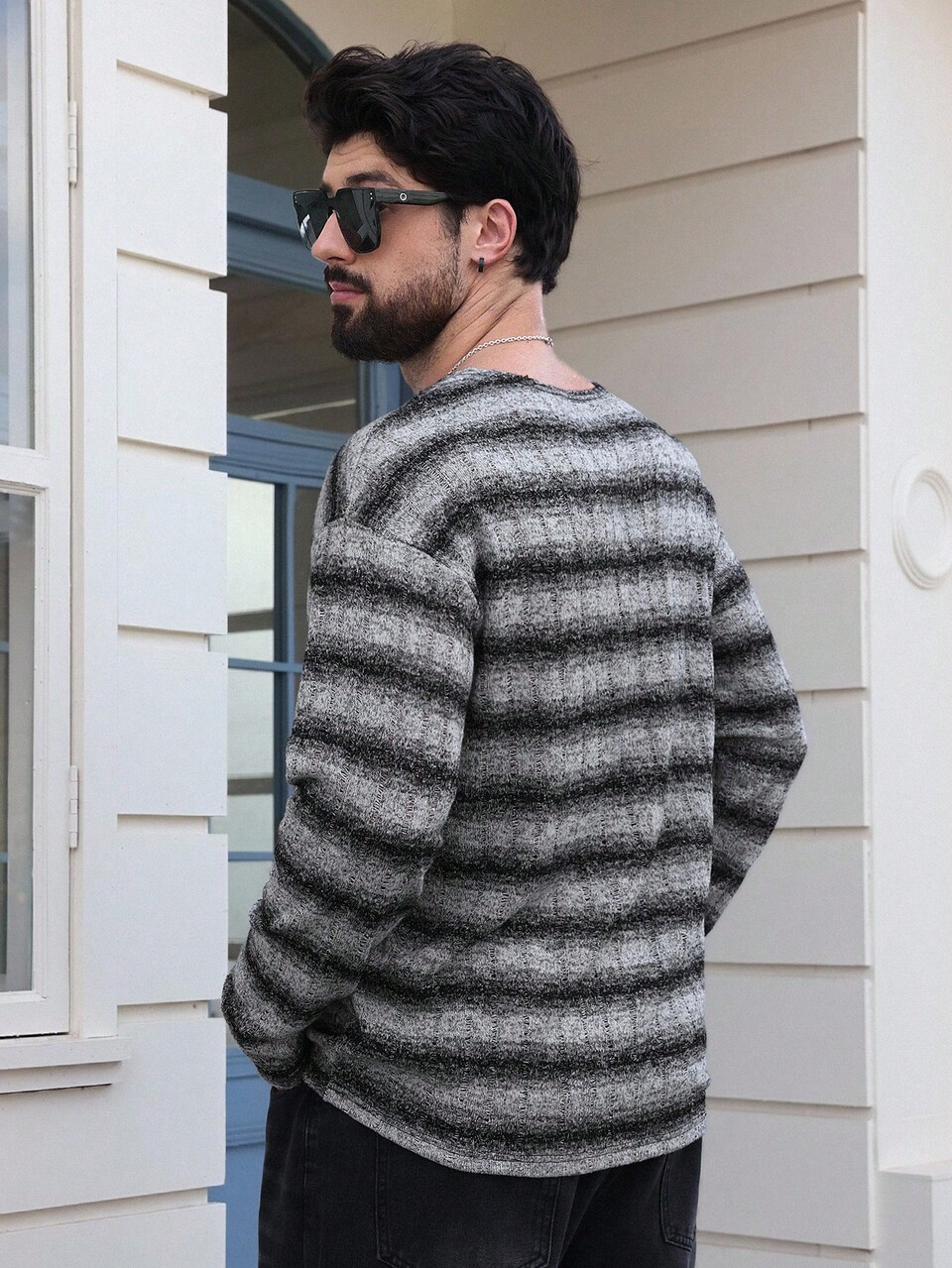 Men's Striped Textured Fabric T-Shirt, Spring/Autumn