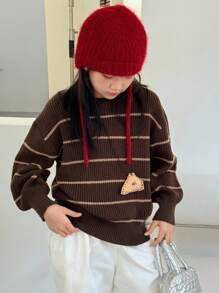 DAZY Tween Girls Crew Neck Striped Long Sleeve Sweater, Fall - Coffee Brown - View 6
