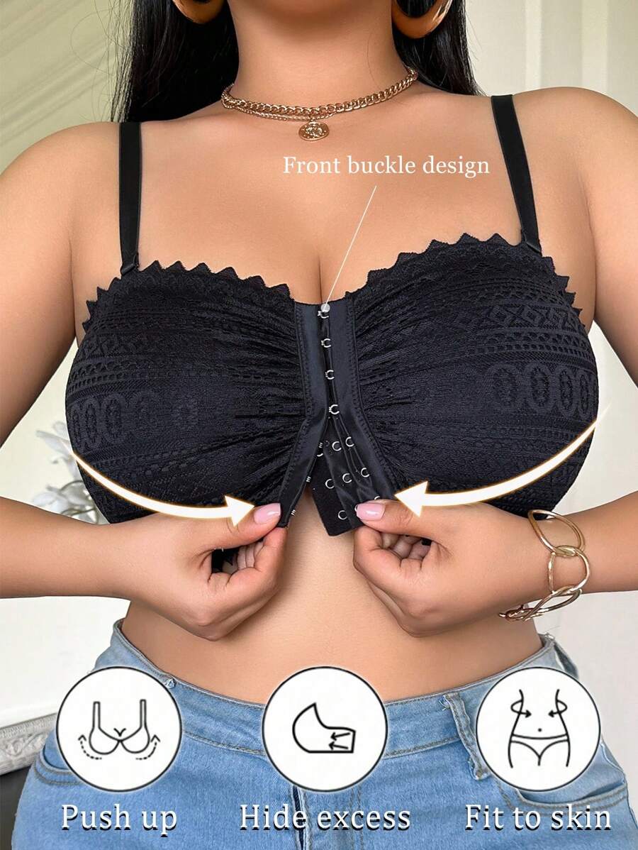 SHEIN 加大码性感蕾丝边钢圈前开合聚拢文胸