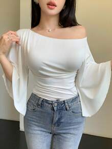 Celisse Camiseta de mujer de unicolor elegante, de punto, con mangas acampanadas y alta elasticidad