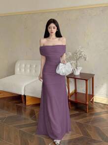 Modelyn Women's Off Shoulder Ruched Waist Elegant Wedding/Party Dress - Purple - View 9