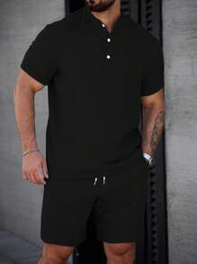 Manfinity Homme Áo sơ mi nam cổ bẻ mùa hè, áo polo nam và quần short rút dây, bộ 2 món, thích hợp mặc mùa hè, phong cách nghỉ dưỡng, thích hợp làm quà tặng mùa hè cho bạn trai và chồng - màu đen - Xem 4