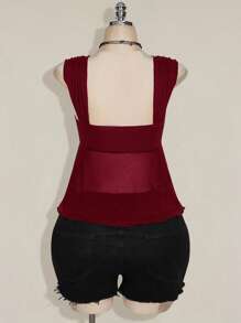 SHEIN ICON Plus Size Women's Asymmetrical Plain See-Through Mesh Hem Camisole Tank Top, Rave Top, See Through Top, Suitable For Summer Vacation, Graduation Season, Back To School, Y2K Style Burgundy Top Tie Front Top