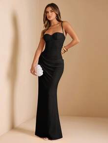 SHEIN BAE 夏季女式蕾丝拼布吊带裙，适合毕业派对、婚礼宾客礼服、约会、宴会、派对、姐妹聚会 - 黑色 - 查看 3