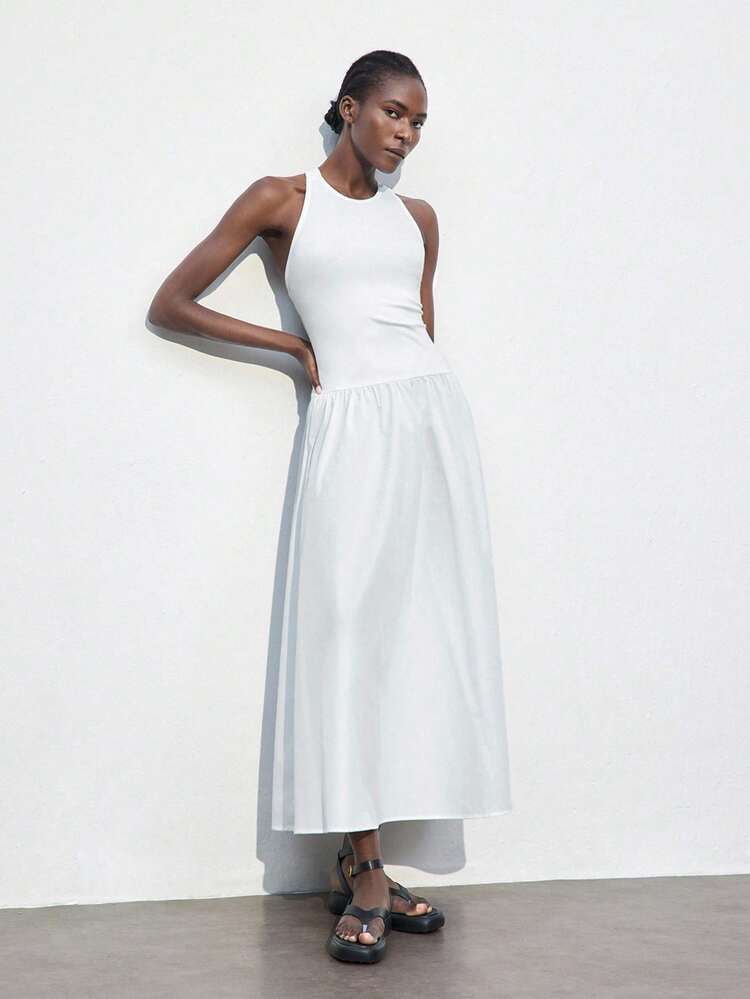 SHEIN Maija Damen Weißes Sommerkleid, Rundhals rückenfrei Kreuzband Kleid, einfarbig minimalistisch elegantes böhmisches Strand Urlaubs Lässig loses Sommerkleid