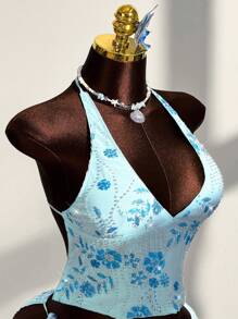 Amplova Bộ 2 món áo hở lưng buộc dây phía trước và chân váy ngắn in họa tiết hoa đính sequin và hạt cườm gợi cảm dành cho kỳ nghỉ bãi biển dành cho nữ cỡ lớn - Màu xanh lam - Xem 8