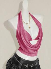 SHEIN ICON 2pcs Summer Going Out Beach Hawaii Party Homecoming Concert Club Glitter Backless Women Tank Tops & Camis Pink Halter Top,Sexy Top