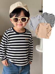 SHEIN 3 Piece Set Baby Boy Crew Neck Long Sleeve Tees,Black And White Striped,Plain,Autumn,Casual,Carrer Day,Back-To-School,Thicker Thermal Lined Soft Tops - Multicolor - View 1