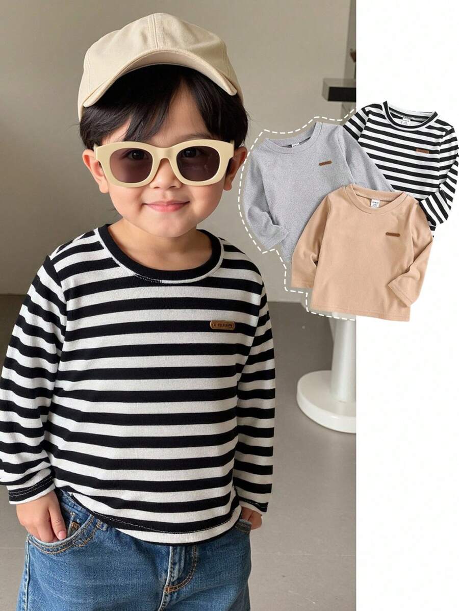 SHEIN 3 Piece Set Baby Boy Crew Neck Long Sleeve Tees,Black And White Striped,Plain,Autumn,Casual,Carrer Day,Back-To-School,Thicker Thermal Lined Soft Tops - Multicolor - View 1