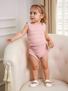 SHEIN Baby Girl Ruffle Trim Camisole Top And Knitted Shorts 2 Piece Outfit Set - Pink - View 1