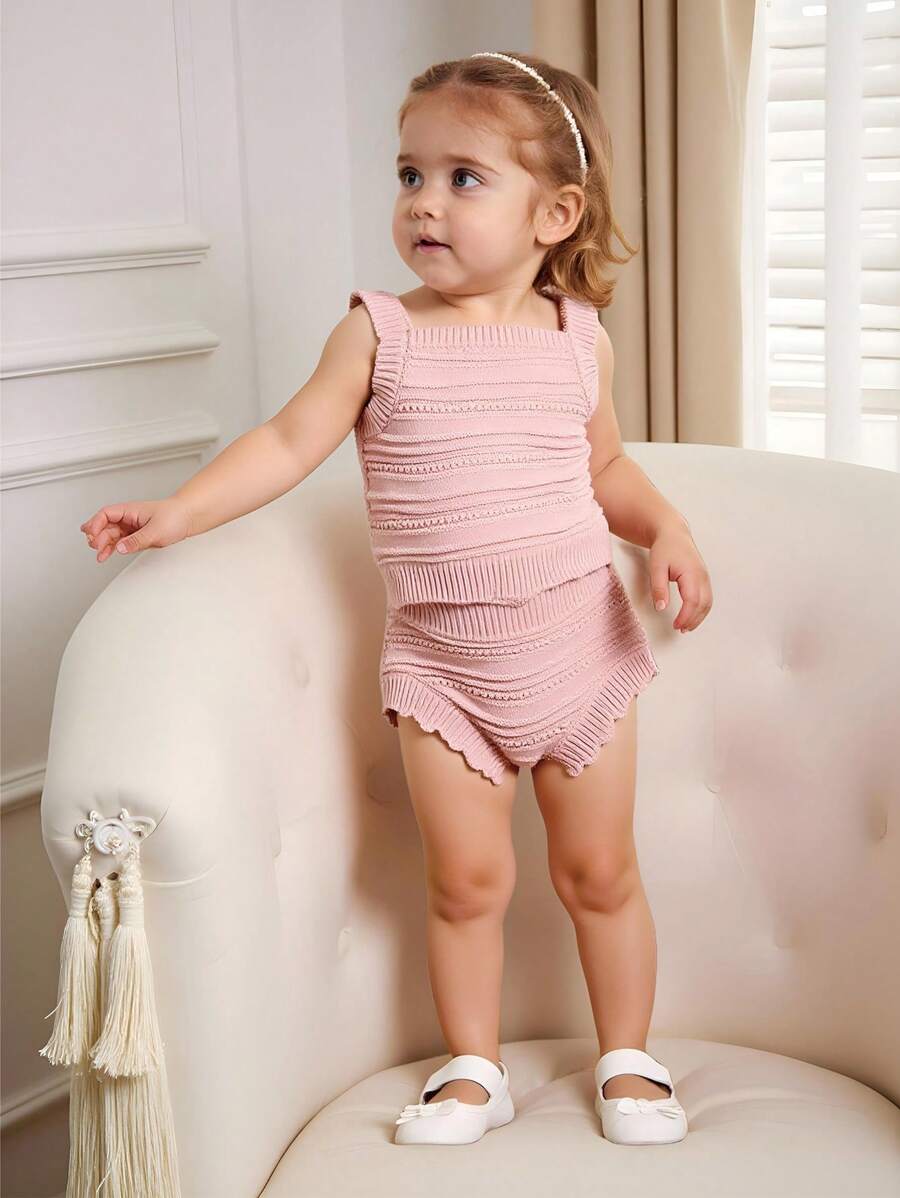 SHEIN Baby Girl Ruffle Trim Camisole Top And Knitted Shorts 2 Piece Outfit Set - Pink - View 1