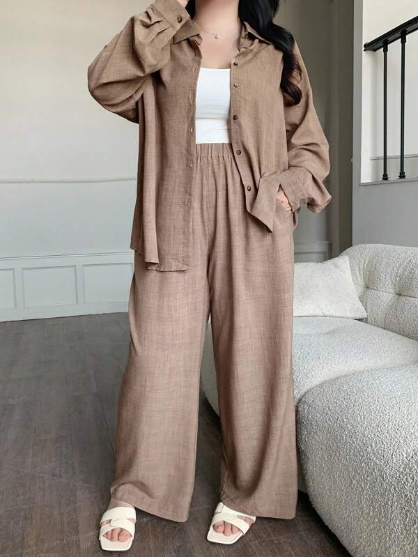 Dazy Plus Western Style Beach Vacation Solid Color Faux Denim Linen Loose Casual Plus Size Women 2 Pieces Set, Spring/Autumn