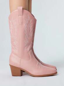 ROMWE Fairycore 女式 2025 春秋新款刺绣尖头一脚蹬粗跟西部牛仔靴，粉色