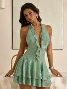 Vowa 时尚、性感、前卫、网眼、闪亮、绿色、亮片雪纺面料、镂空、露背、A字下摆迷你连衣裙，适合夜店、派对、度假、鸡尾酒会、签到、晚会 - 綠色 - 查看 3
