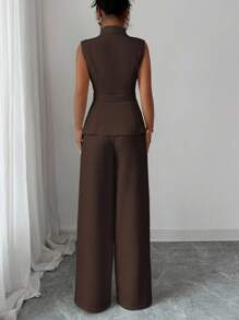 Elenzga Trang phục dự tiệc trà chiều thanh lịch cho nữ khi đi làm, áo khoác blazer không tay có cổ, viền bất đối xứng, khóa thắt lưng kim loại, kết hợp với quần cạp chun, bộ vest 2 món, xuân/hè - màu nâu - Xem 2