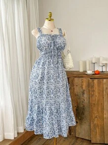 Comfortcana Vestido de talla grande de estilo casual de verano con lazo azul decorativo para vacaciones - Azul - Ver 7