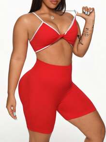 Easithlete Bộ đồ thể thao liền mạch màu đỏ cỡ lớn dành cho nữ, gồm áo ba lỗ hở lưng và quần short thể thao 3 inch - Phù hợp để mặc hàng ngày, hoạt động ngoài trời, thường ngày và phong cách đường phố. Bộ đồ tập luyện dành cho nữ - Đỏ - Xem 4