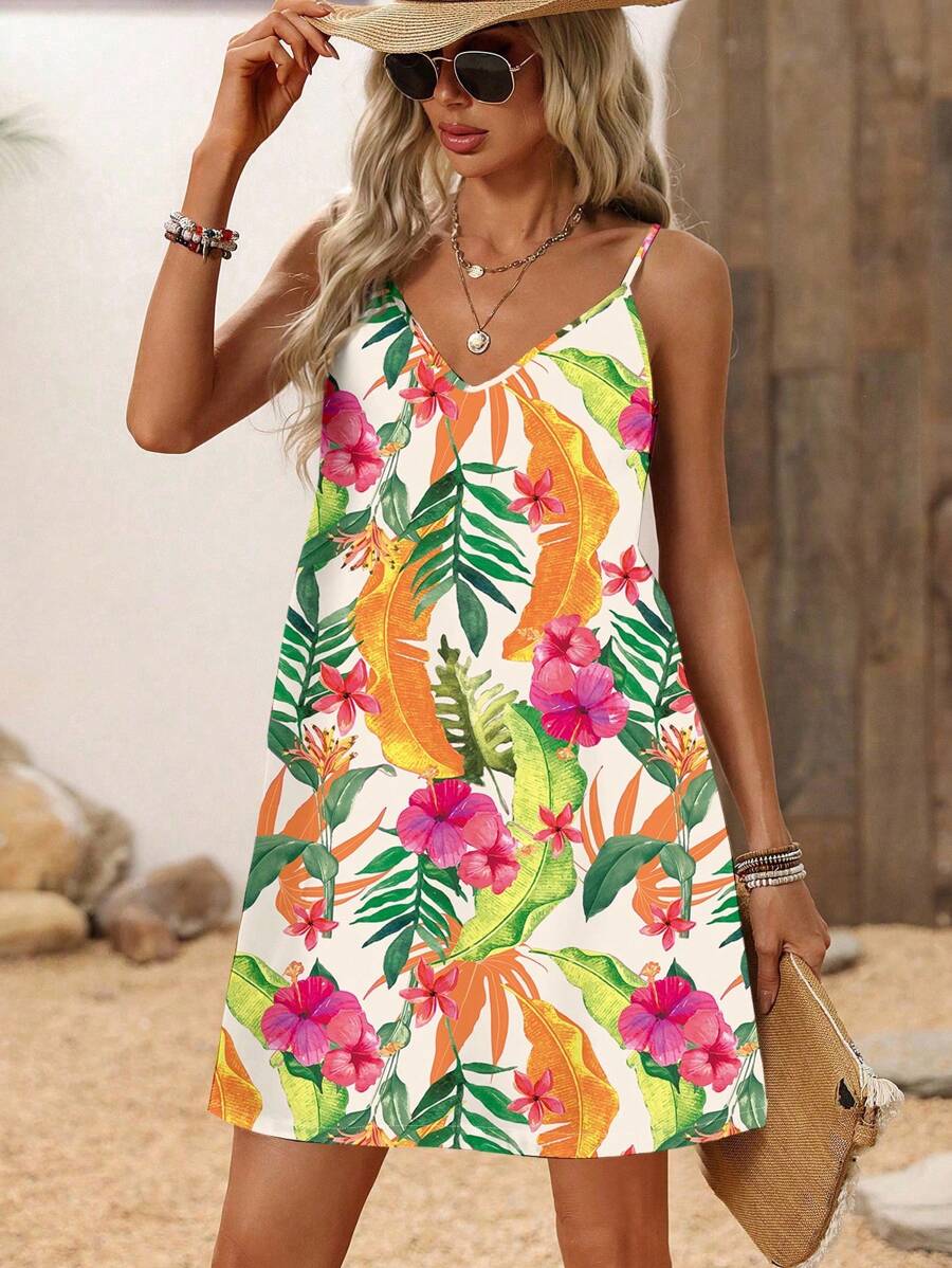 SHEIN LUNE Váy ngắn họa tiết nhiệt đới phong cách Boho với viền thẳng và dây mảnh Váy nghỉ mát nhiệt đới cho nữ Váy suông mùa hè Váy thường ngày mùa hè Váy suông họa tiết hoa Váy Hawaii Váy sang trọng - Nhiều màu - Xem 1