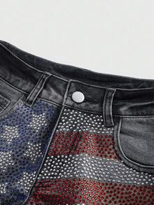 ROMWE Grunge Punk Y2K Baddie 4th Of July Distressed Vintage Wash Ultra Low Rise Denim Shorts With Rhinestone American Flag - Black - View 3