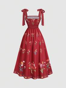 SHEIN Unity 法国夏季新款碎花度假风修身女士长款连衣裙 - 紅色 - 查看 2