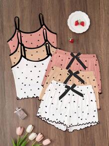 SHEIN 3件套心形印花吊带背心和短裤睡衣套装可爱睡眠套装两件套睡衣套装心形睡衣套装女士可爱套装女士睡衣套装 - 彩色 - 查看 4