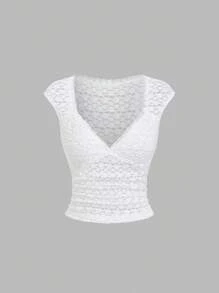 Sweetra Women's New Textured Fabric V-Neck T-Shirt, Slim Fit, Suitable For Commuting, Travel, Vacation, Spring & Summer - White - View 1
