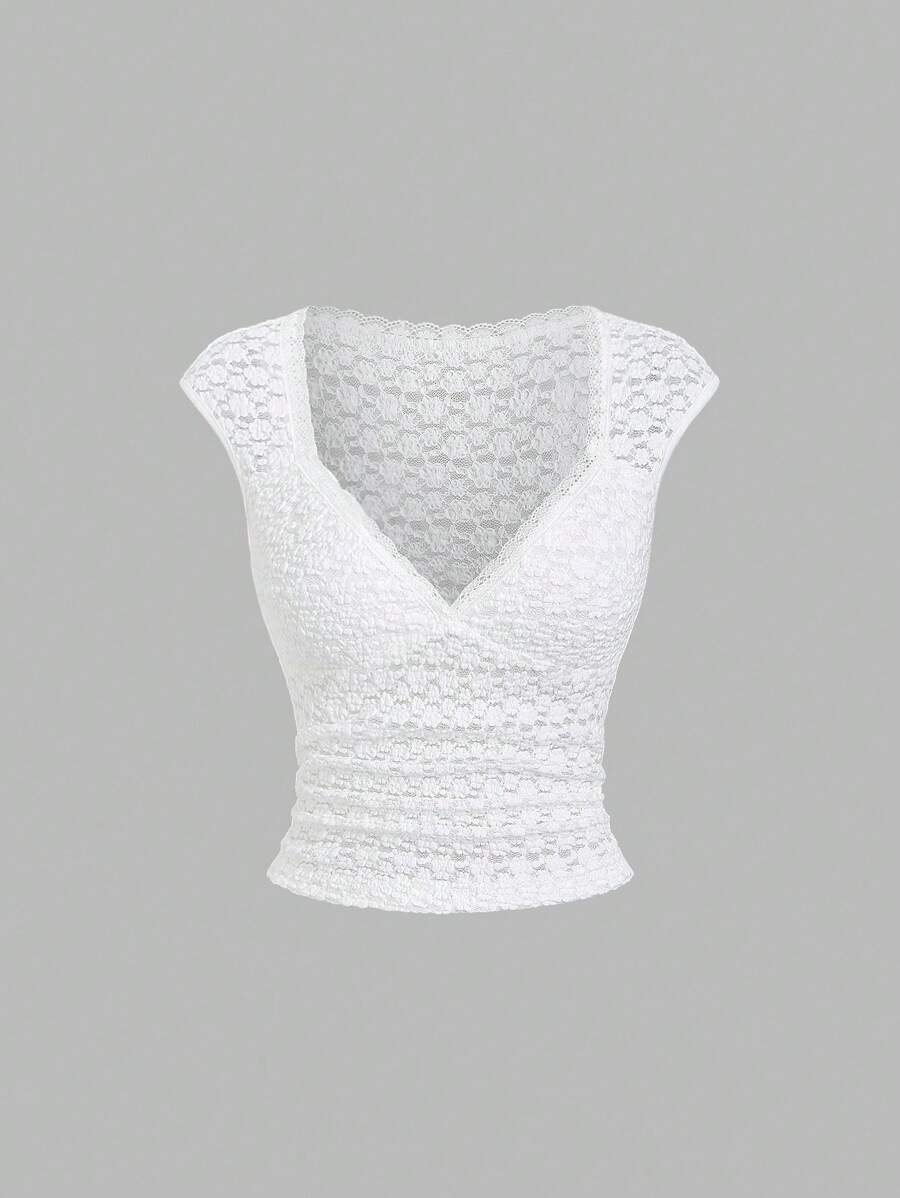 Sweetra Women's New Textured Fabric V-Neck T-Shirt, Slim Fit, Suitable For Commuting, Travel, Vacation, Spring & Summer - White - View 1