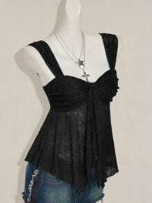 Sweetina Black Lace Sweetheart Tank Top With Wide Straps And Asymmetrical Ruched Hem