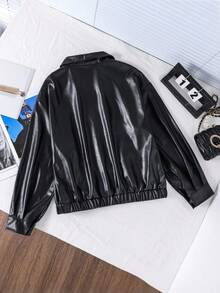 Girls' Turndown Collar Zipper Casual Cool Jacket, Suitable For Outings, Vacations, And Back To School Fall Winter - Black - View 6