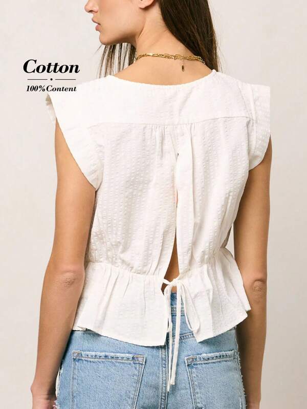 Wildy Women's White Round Neck Short Sleeve Peplum Blouse. This Casual Semi-Sheer Woven Top Features A Charming Button Front And Flared Hem, Perfect For Effortless Summer Style.