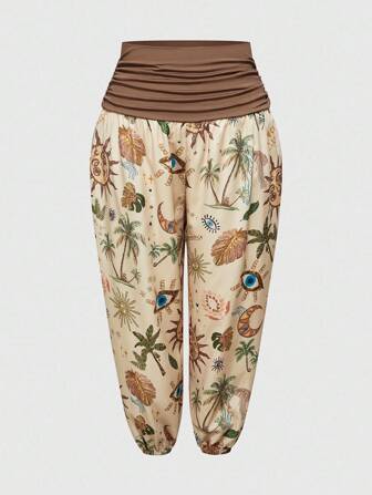 Plus Size Women Hippie Vacation Moon & Star Print Wide Leg Pants