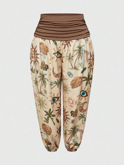 Hippie بنطلون ذو ساق واسعة مطبوع عليه القمر والنجوم للنساء ذوات الحجم الكبير، طراز هيبي للعطلات